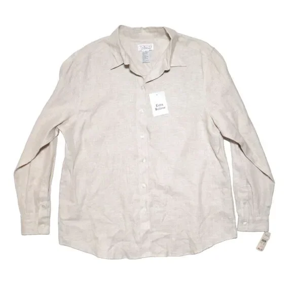 Talbots Irish Linen Women’s Top Shirt Blouse Tan Collared Long Sleeve Sz 16 NWT - Picture 1 of 6